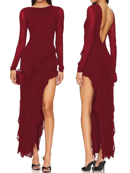 Dresses & Skirts - Capuffy Womens Long Sleeves Backless Maxi Dress- Wine Red. Size XL
